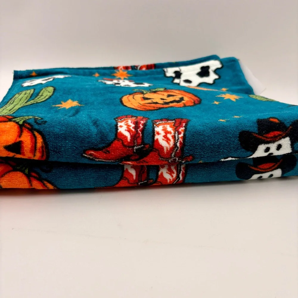 Wrangler Halloween Towel Set 4pc Teal Cowboy Ghost Pumpkin Cactus Cotton NEW